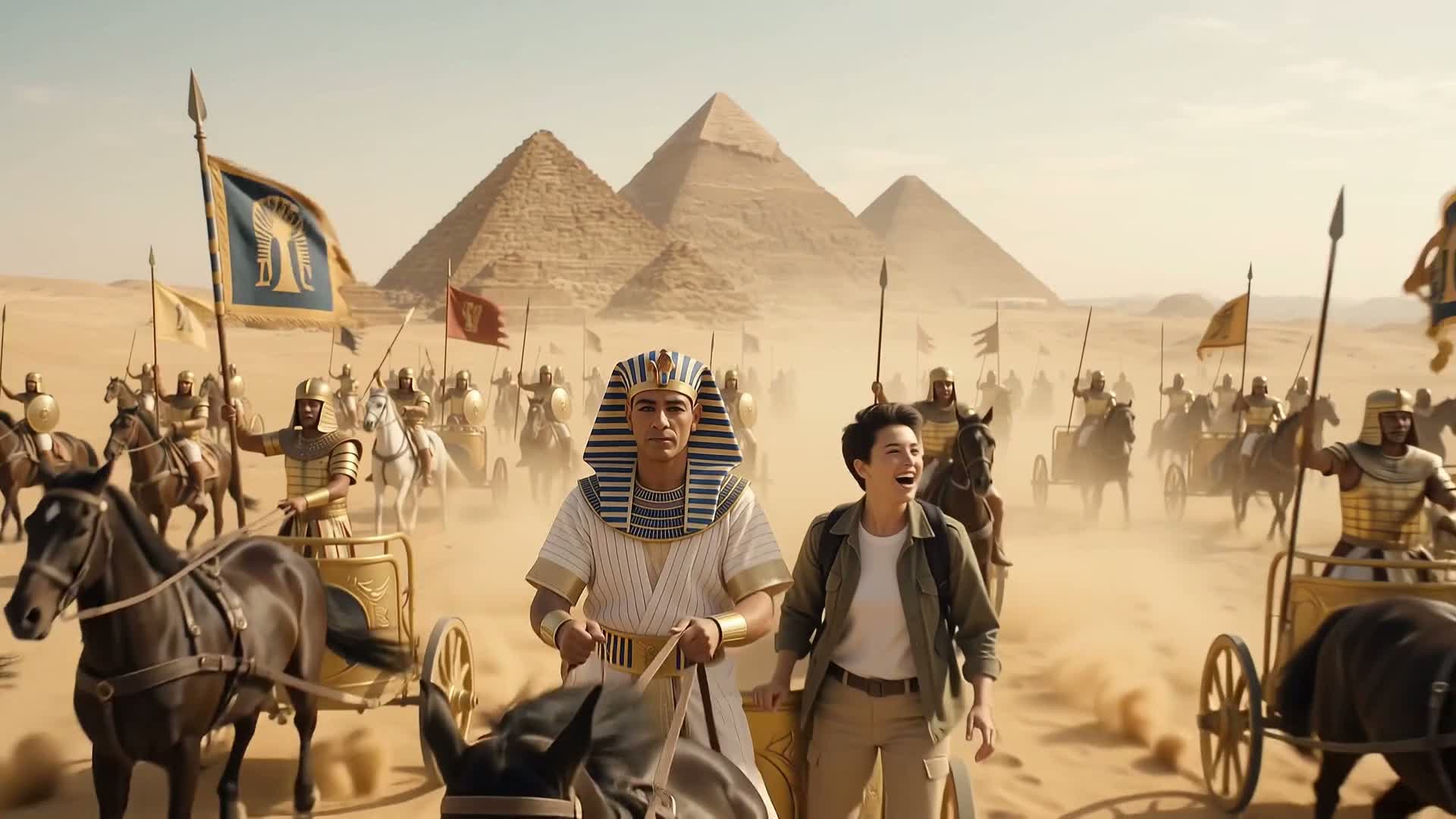 Traveler and Pharaoh riding a chariot toward the pyramids in Giza