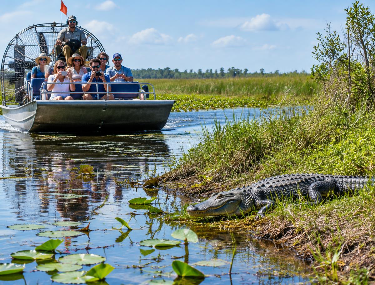Everglades-style airboat wildlife escape