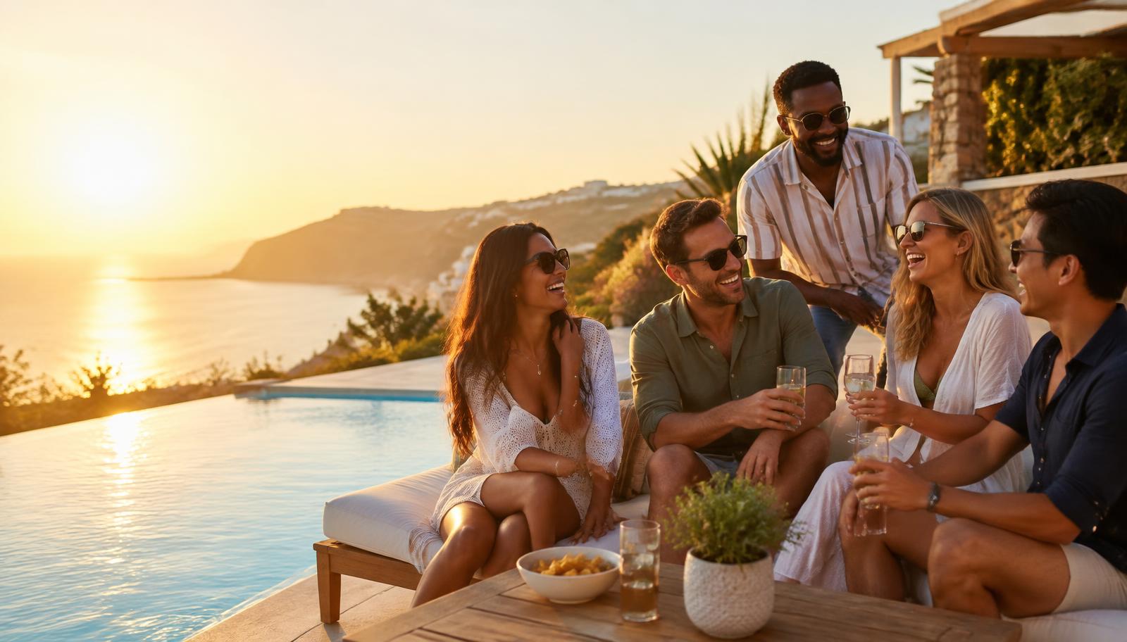 Friends celebrating together on a resort terrace at sunset