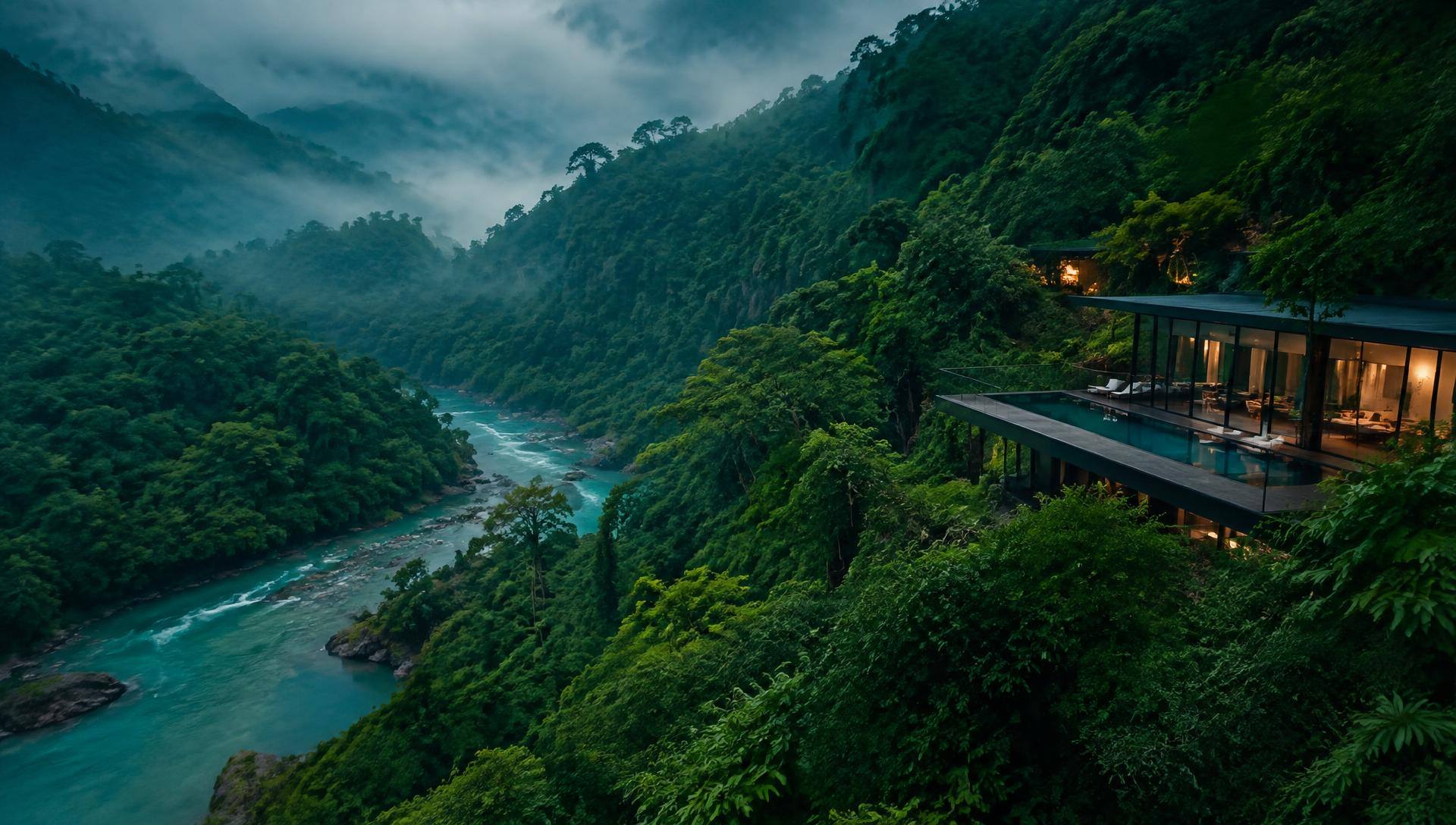 Glass villa above a misty rainforest river